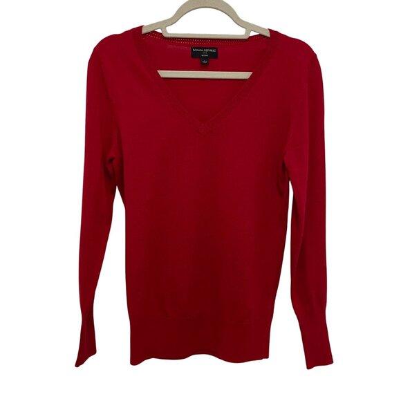 Banana Republic Womens Red V-Neck Merino Wool Sweater Size Small Preppy Casual - Picture 1 of 7